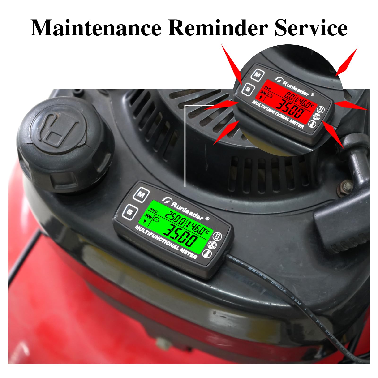 Jauge de température du moteur, compte-tours numérique, horloge, rappel de maintenance, batterie remplaçable avec rétro-éclairage pour petit moteur de tracteur de pelouse (HM035A)