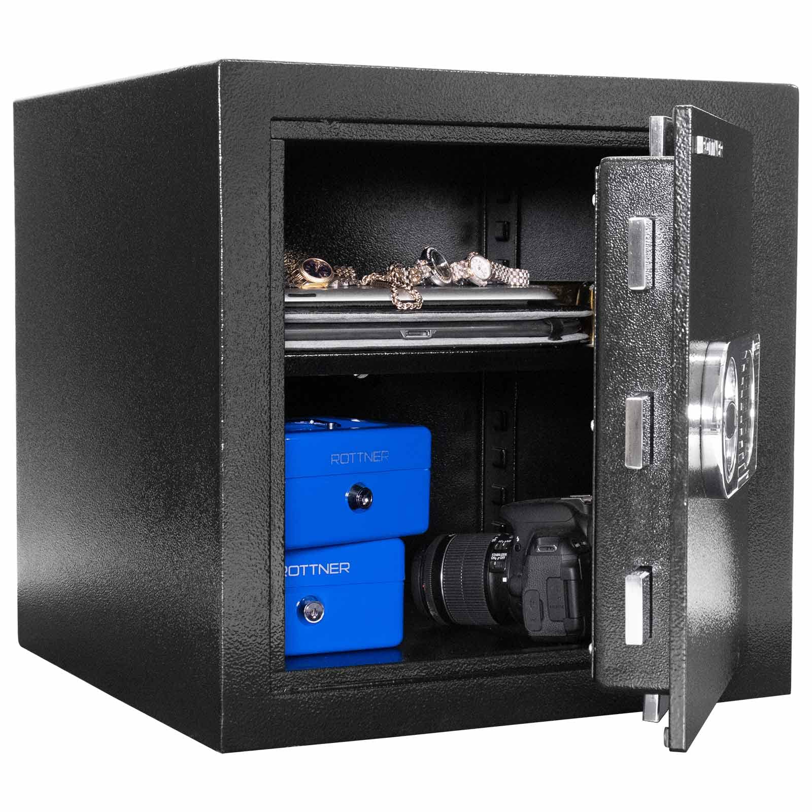 Rottner Wertschutzschrank EN1 Ben 45 Elektronikschloss Aufbohrschutz Notbestromung schwarz BxHxT 43,5 cmx43,5x44,5 cm Feuerfalz in Türöffnung verstellbarer Fachboden inkl. Befestigungsmaterial