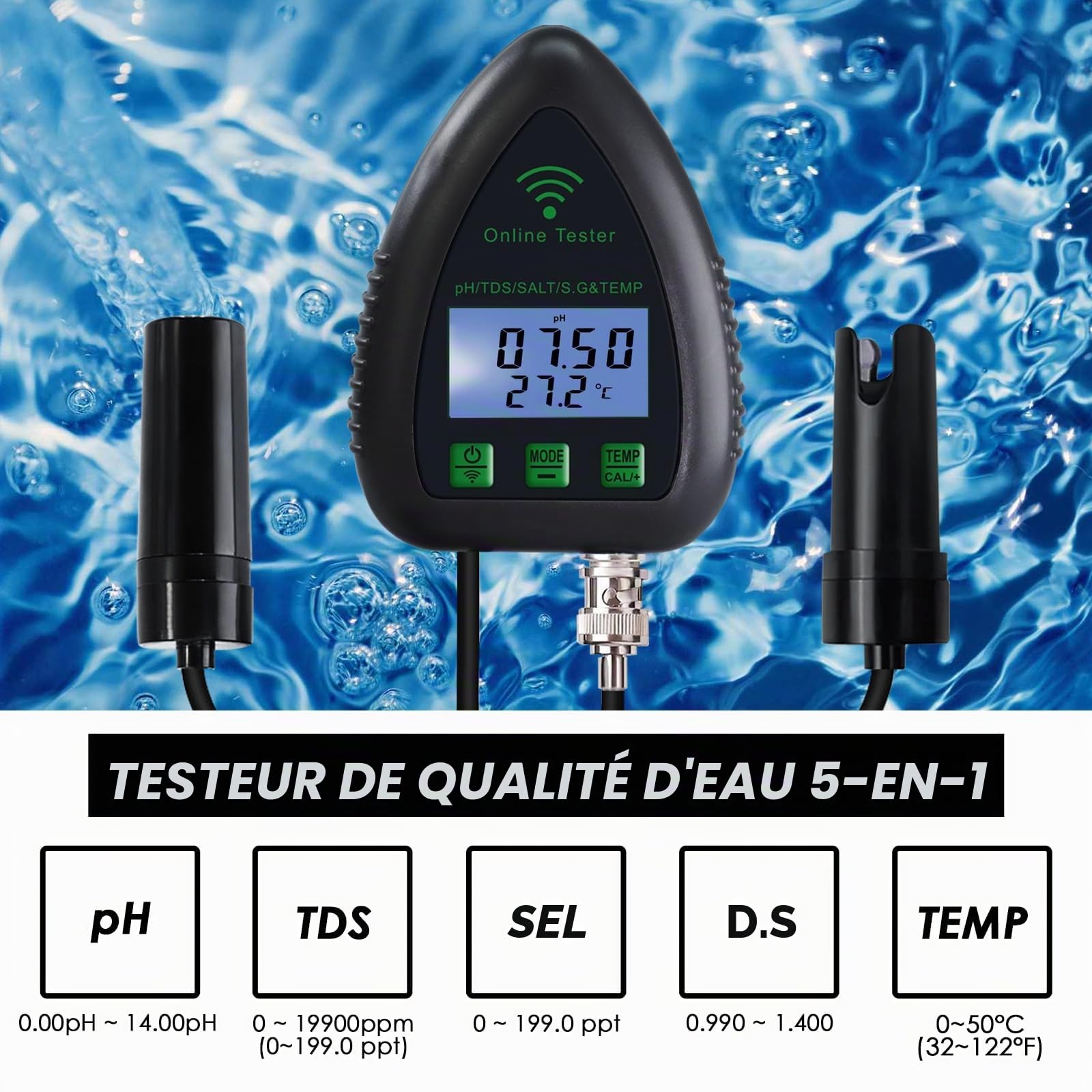 Moniteur de pH WiFi 5 en 1, testeur de qualité de l'eau, pH/S.G/TDS/sel/température 24/7, surveillance hydroponique en ligne avec enregistrement de données et alarme pour aquarium, étang, piscine