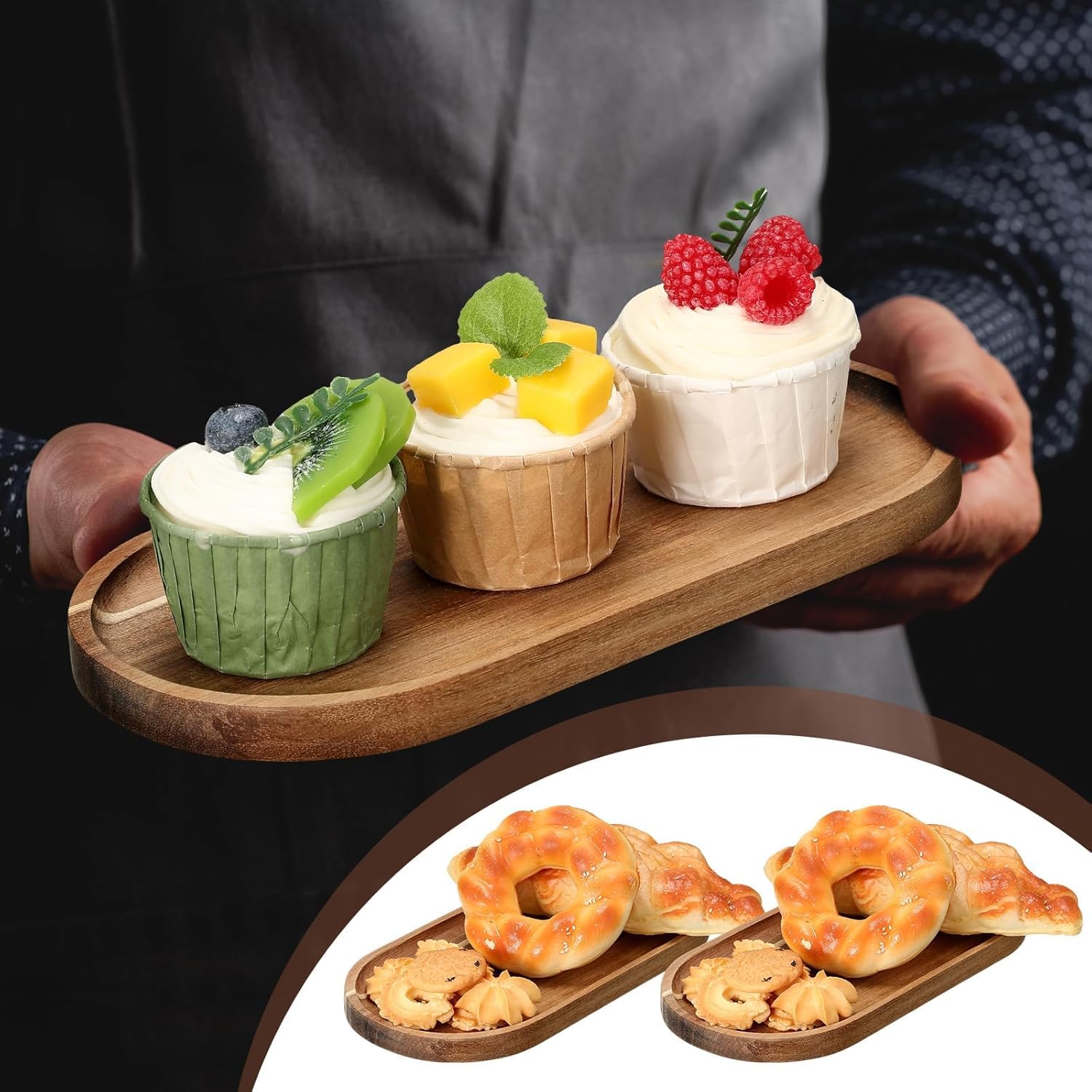 Linwnil Lot de 8 plateaux de service ovales en bois pour dessert, collation, pain, fruits, apéritifs (30 x 14 cm)