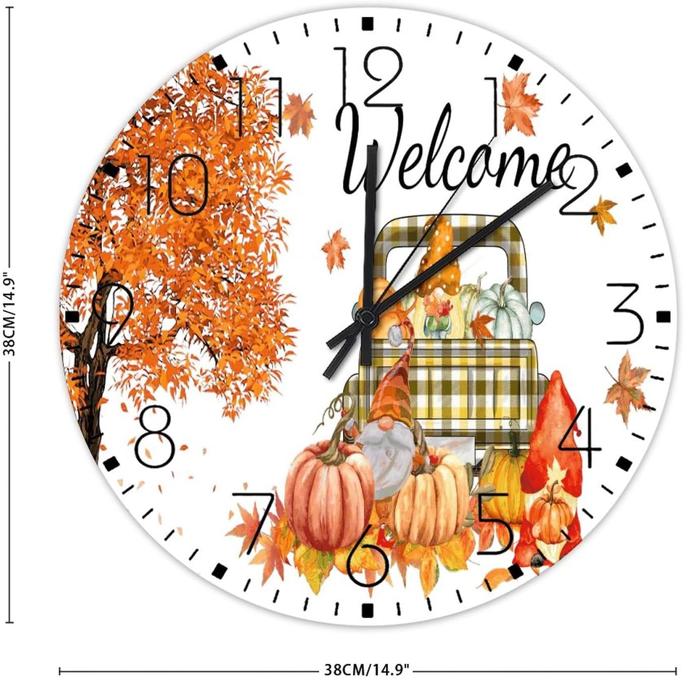 15" Silent Non-Ticking Wall Clocks Battery Operated Seasonal Welcome Fall Wooden Wall Decor for Classroom Autumn Harvest Pumpkins Truck Farmhouse Round Wooden Wall Clock Rustic for Indoor Warehouse