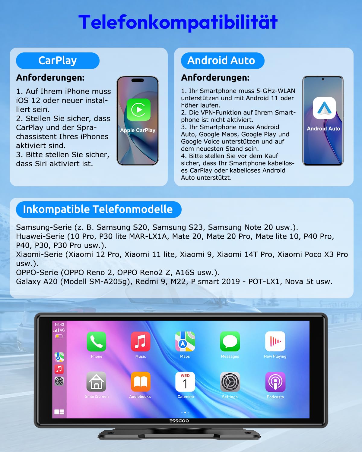 ESSGOO 10.26 Zoll CarPlay Android Auto Display,Apple CarPlay Bildschirm