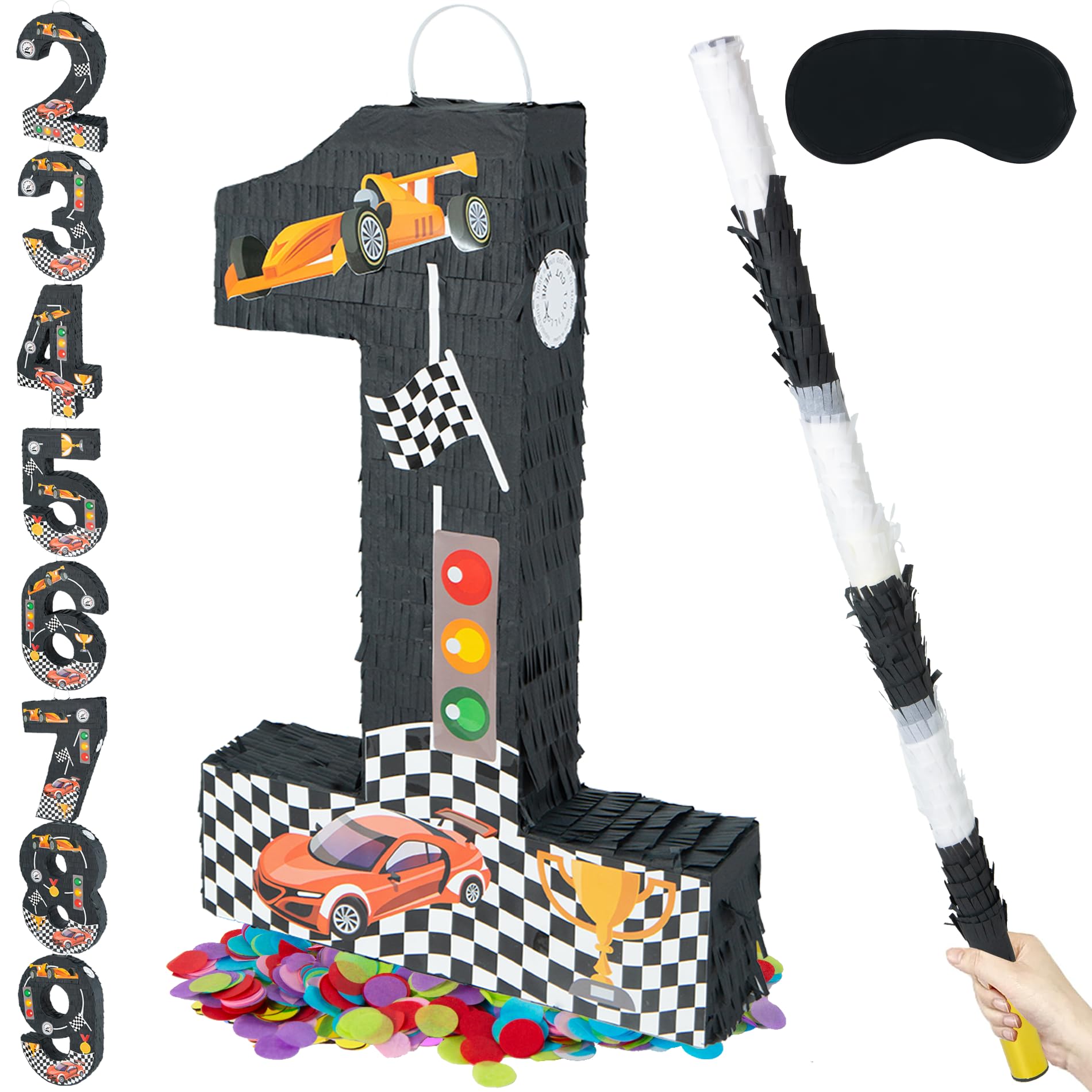 PCFING Piñata número 1 de coche de carreras de 20 pulgadas con palo de piñata de 30 pulgadas, confeti vendado para niños, niñas, adultos, carreras, decoraciones de fiesta de cumpleaños, celebración de