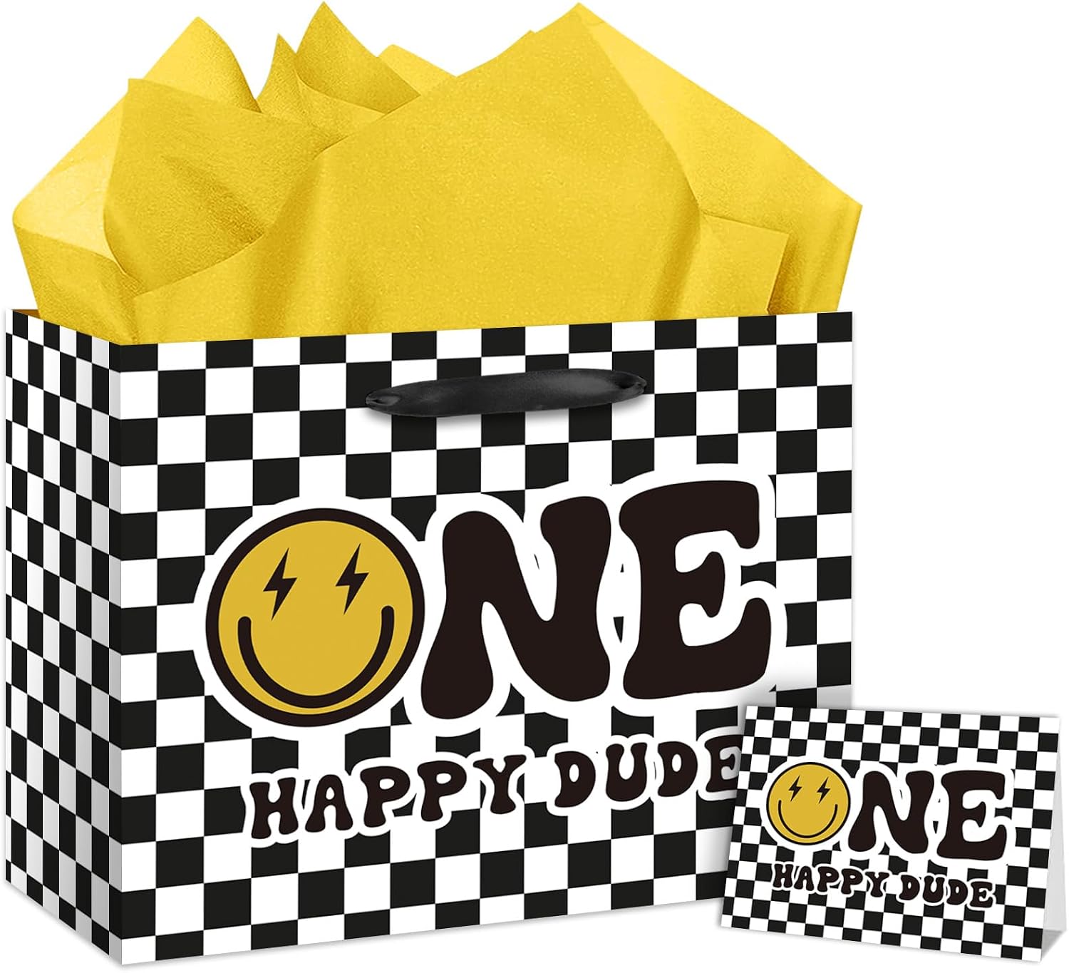 One Happy Dude Birthday Gift Bag with Tissue Paper and Greeting Card One Year Old Boy Birthday Gifts Wrapping Paper Bag, 1st Bday Boy Present Wrap, First Birth Day Party Decorations Supplies