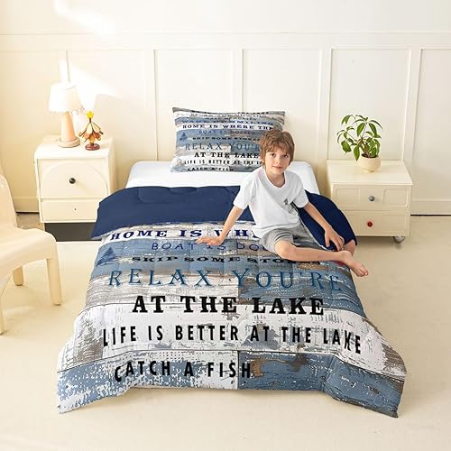 Miniatura 43 de Lake Life - Juego de edredón de tamaño King, juego de ropa de cama con remo de lago rústico, decoración de casa de lago, regalos para niños, vallas