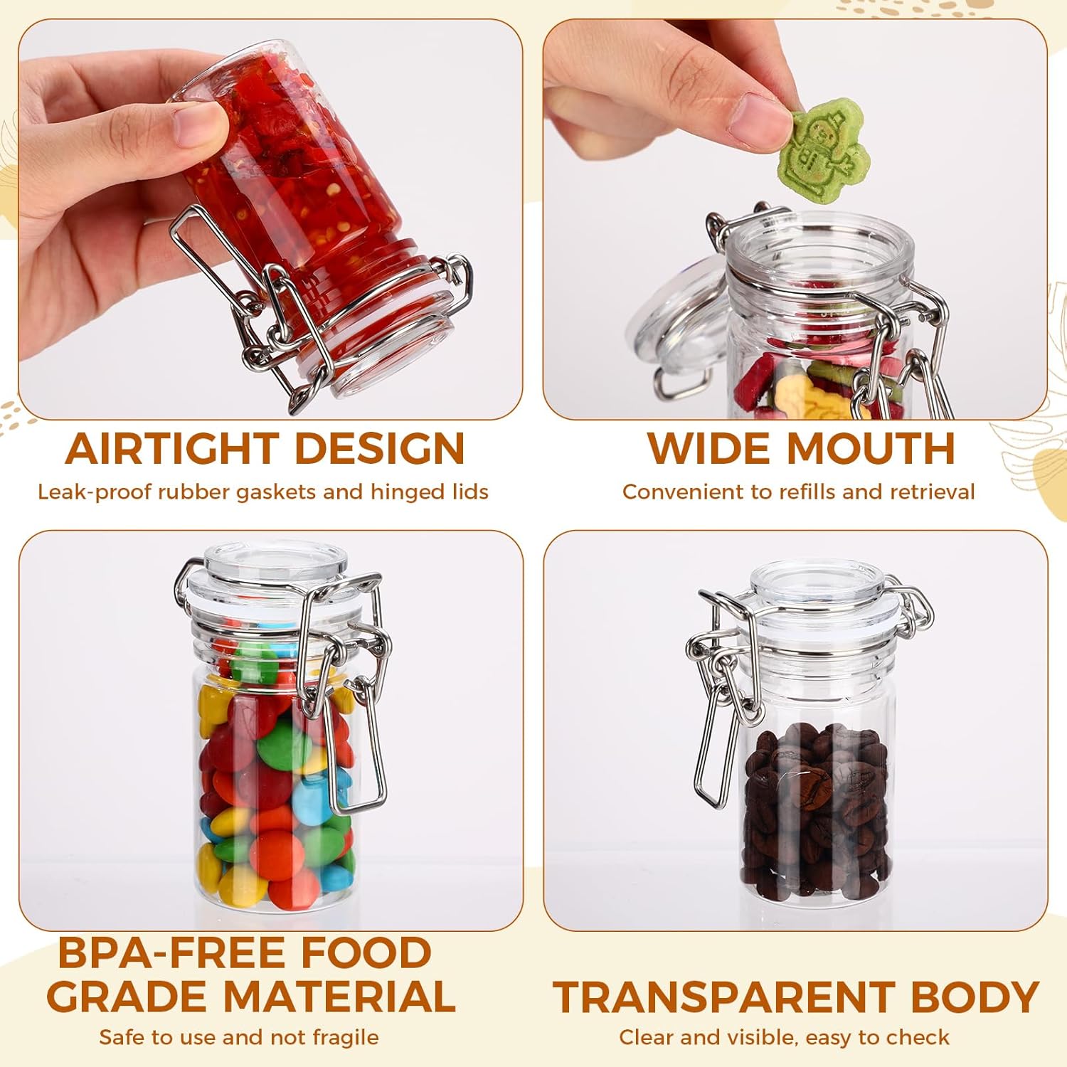 Suclain 40 Pcs 3 oz PET Plastic Storage Jars with Airtight Hinged Lid Mini Sealed Clear Wide Mouth Spice Jar Empty Round Leak Proof Canning Storage Containers for Sugar Jam Sauces Herbs Coffee