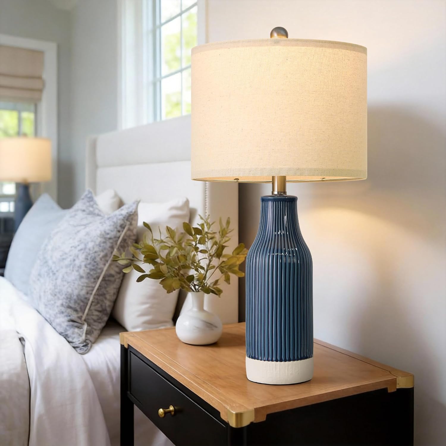 23.75" Modern Blue Ceramic Table Lamp Set of 2 with 5FT Cord for Living Room, Farmhouse Bedside Nightstand Lamp for Bedroom Home Office Dorm A-Deep Blue