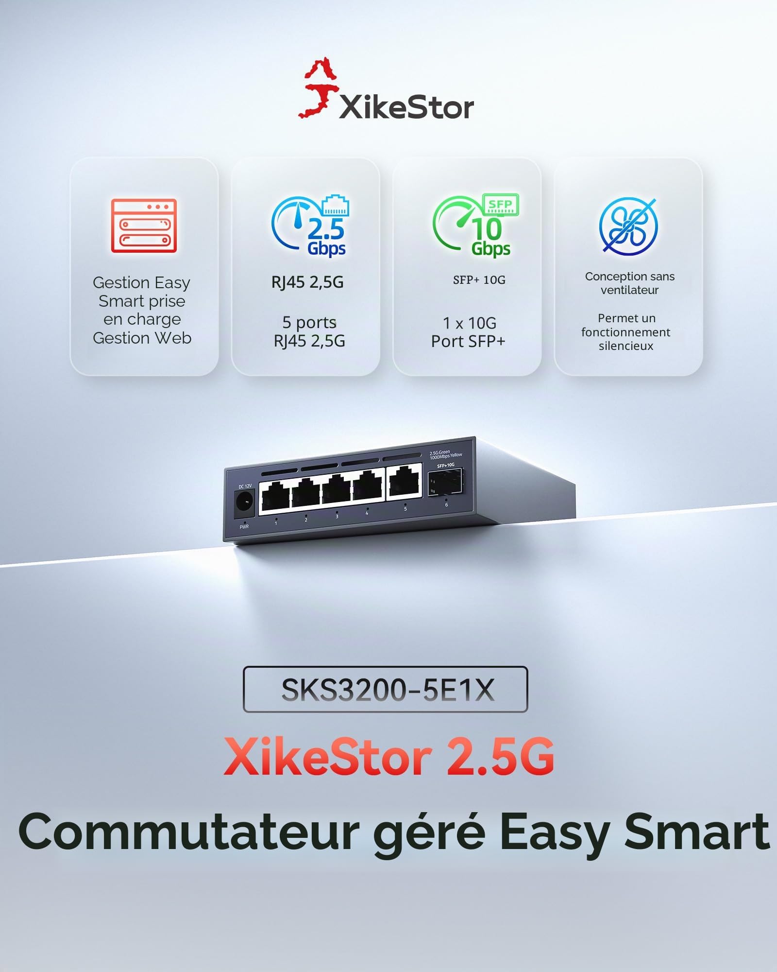 Commutateur réseau managé 2.5Gbit, 5 Ports RJ45 2,5Gbps & 1 Port SFP+ 10G, VLAN/QoS/STP/IGMP/LACP, Conception silencieuse sans Ventilateur, boîtier en Aluminium, Montage sur Bureau