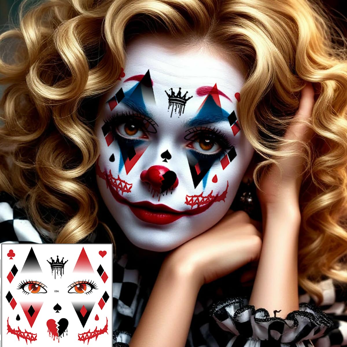 11 Sheets Clown Face Makeup Temporary Tattoos Stickers Blue Black Red Faces Gems Jewels Makeup Stickers for Women Halloween Cosplay