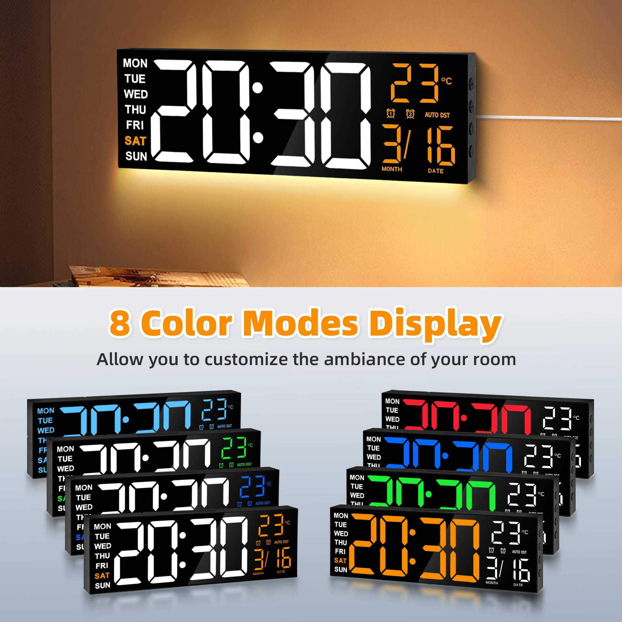 Maxstar 16 "Orologio da parete digitale grande con display LED e telecomando a 8 RGB,rumori allarmi doppi,DST,temperatura,data,luce notturna per camera da letto/ufficio/soggiorno/palestra/sala giochi