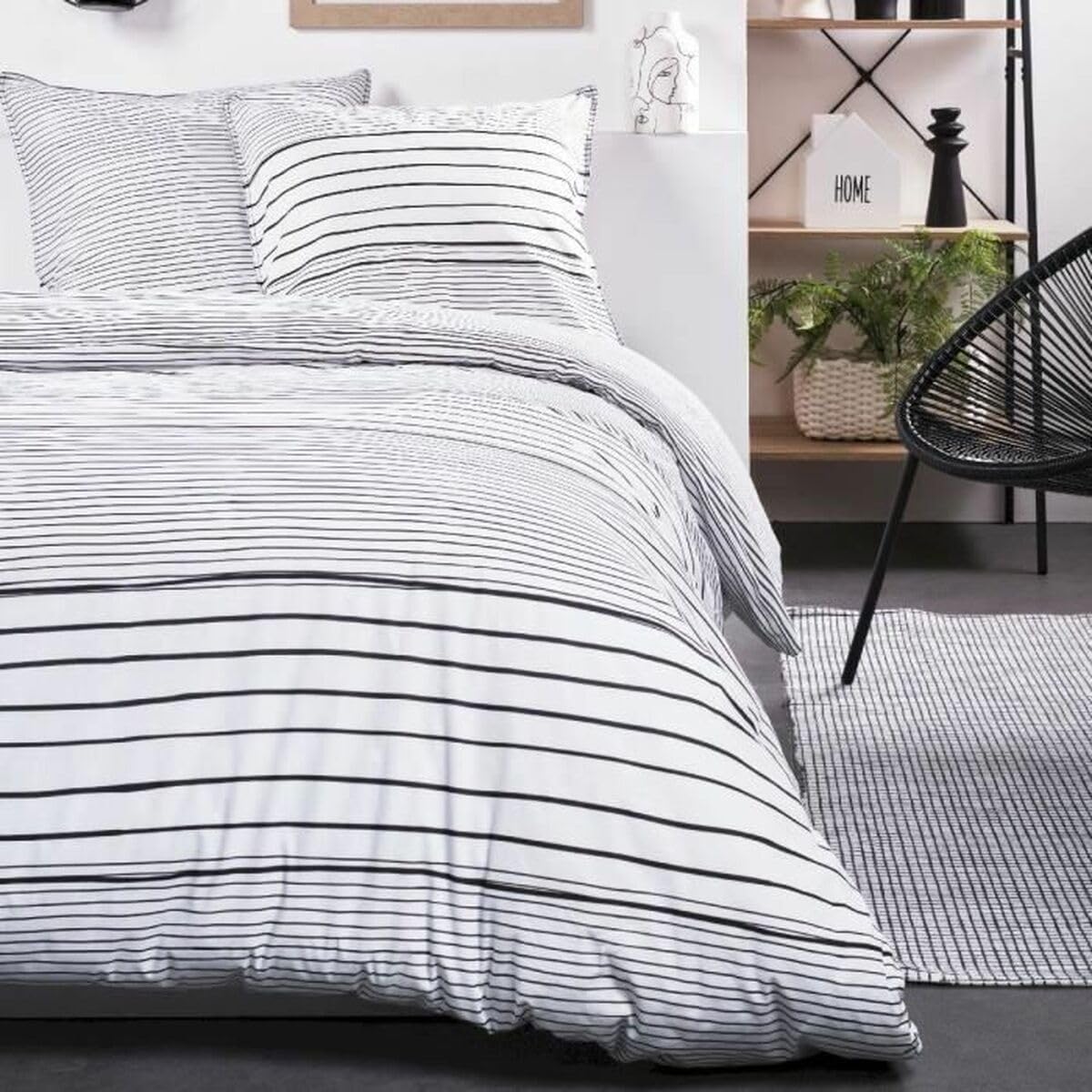 TODAY Sunshine Double Striped Cotton Duvet Cover Set - White and Black - 220 x 240 cm