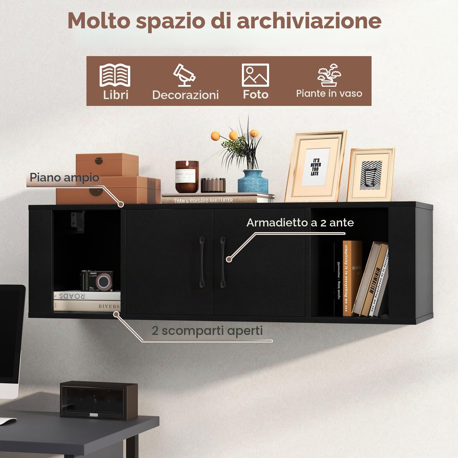 GIANTEX Mobile per TV sospeso con armadio, armadio con ante e ripiani aperti, supporto da parete, armadio da bagno, moderno, per soggiorno, camera da letto, ufficio, 108 x 33 x 30,5 cm (nero)