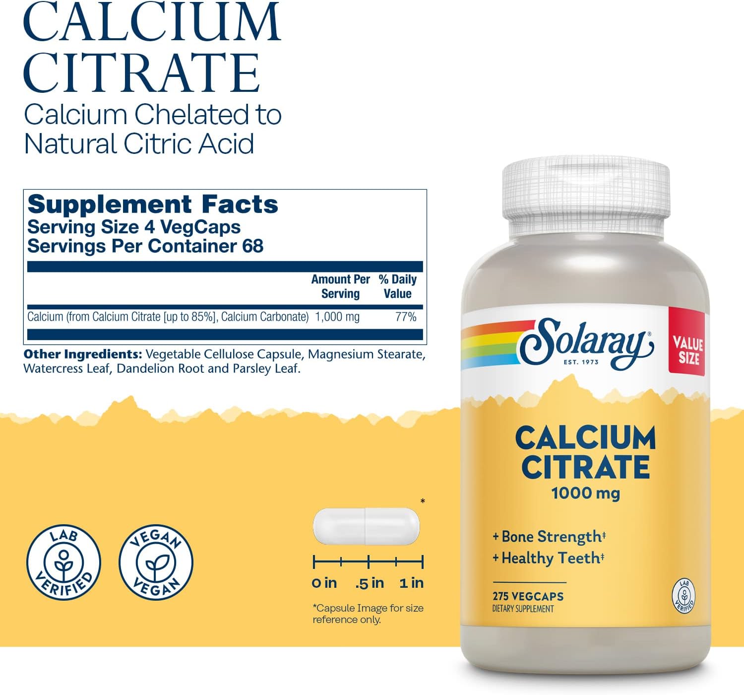 Solaray Calcium Citrate 1000mg, Chelated Calcium Supplement for Bone Strength, Healthy Teeth & Nerve, Muscle & Heart Function Support, Easy to Digest, 60-Day Guarantee, Vegan (68 Serv, 275 Count) : Health & Household