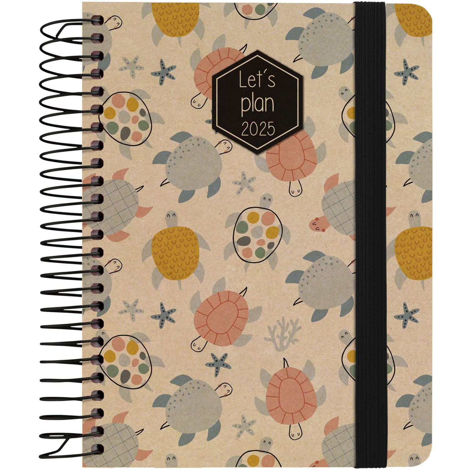 Grafoplas | Weekly View Agenda 2025 a6 | Nature Design Turtles | Spanish | Spiral | Hard Cover Kraft Paper and Recycled Cardboard | Elastic Closure | January to December | Includes Stickers | FSC