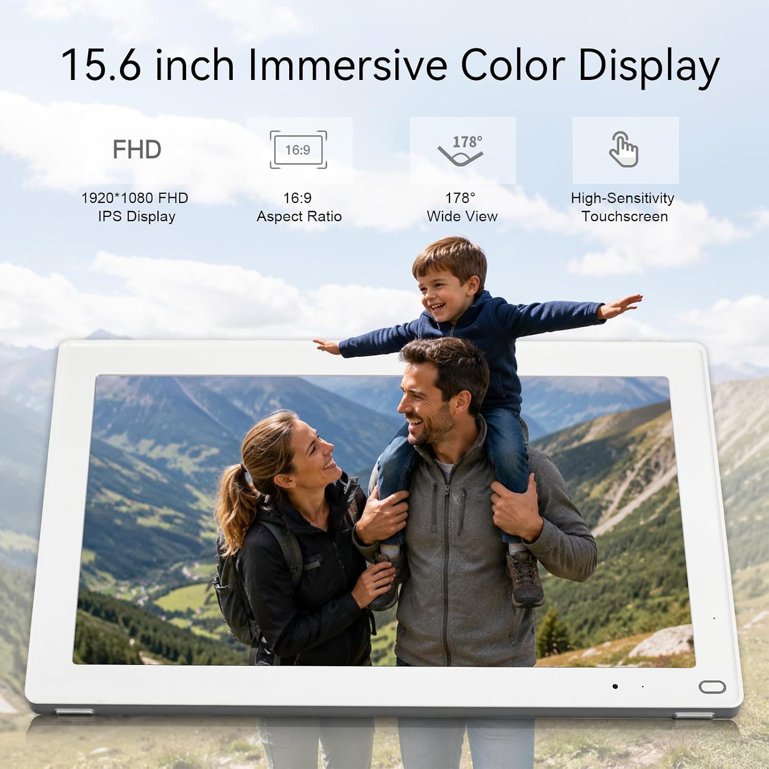 AEEZO Digital Picture Frame, 15.6'' WiFi Electronic Photo Frames with 64GB Memory, 1920 * 1080 IPS FHD Touch Screen, Auto-Rotate Easy Setup via AiMOR APP, Gifts for Parents and Grandparents White, view 4