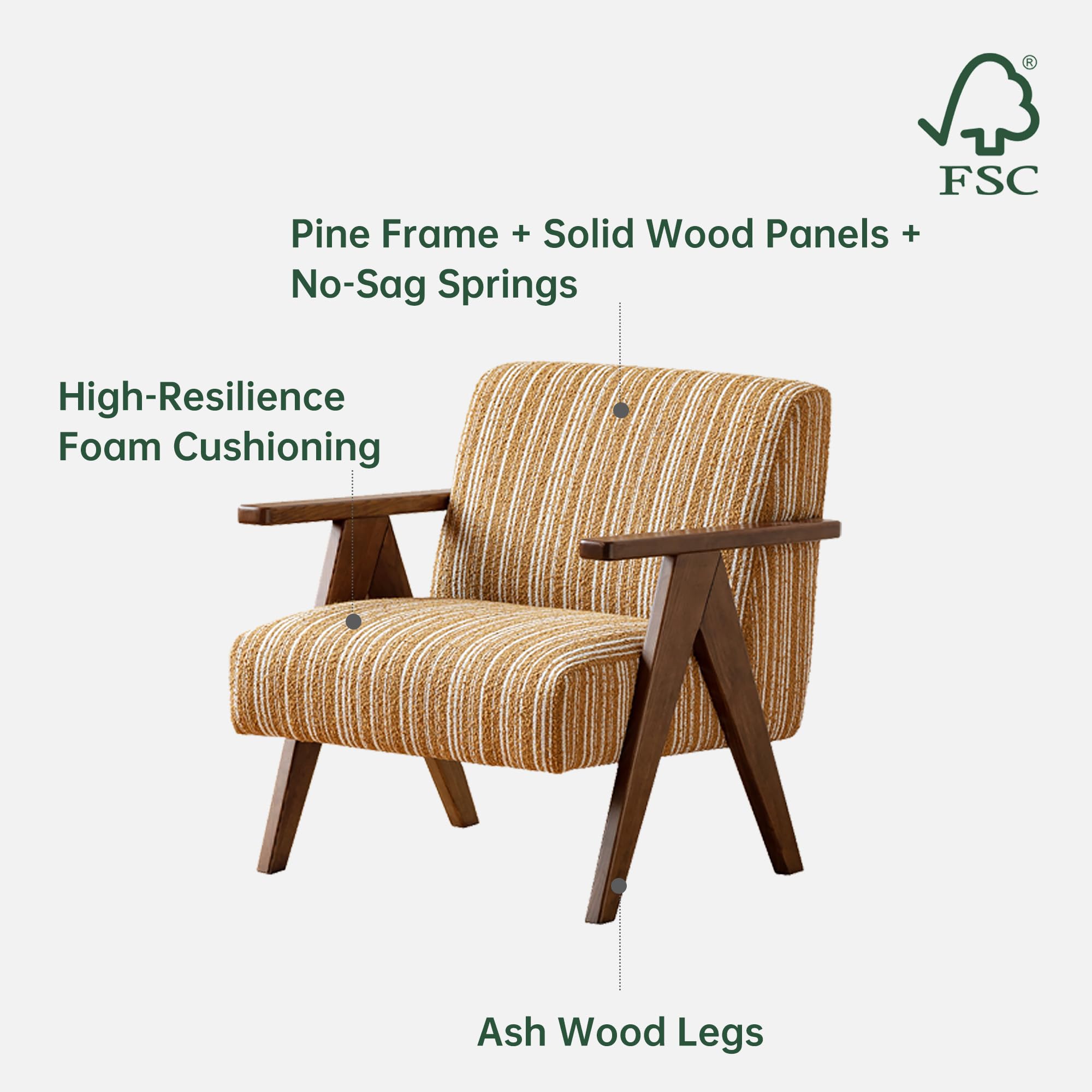 Poltrona da salotto in legno, stile retrò, con ampia seduta imbottita e design a righe, per soggiorno, camera da letto, ufficio, casa