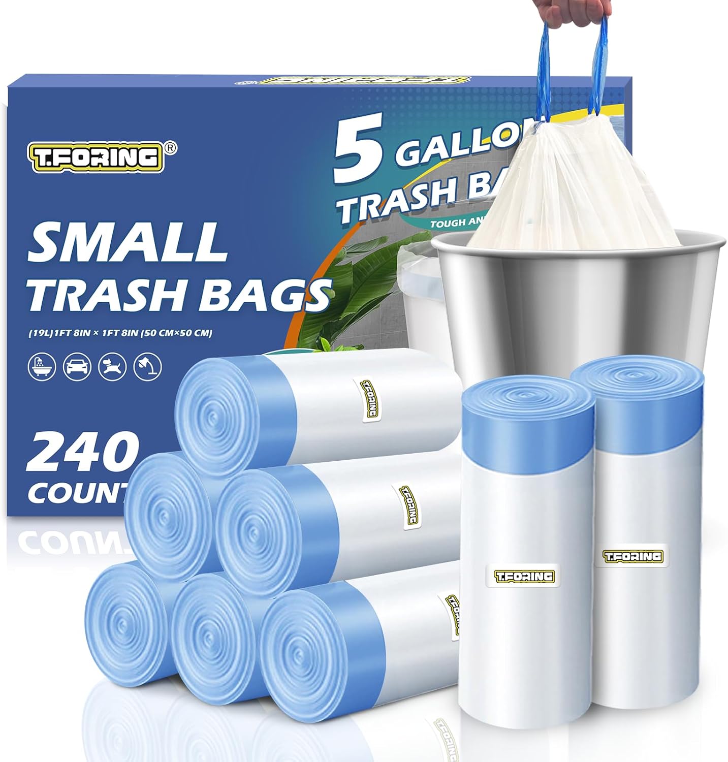 240 Count 5 Gallon Trash Bags Drawstring 1.1 Mil – 18 Liter Small Garbage Bags for Bathroom, Strong Unscented White Plastic Wastebasket Bin Liners for Kitchen Office Toilet and Bedroom