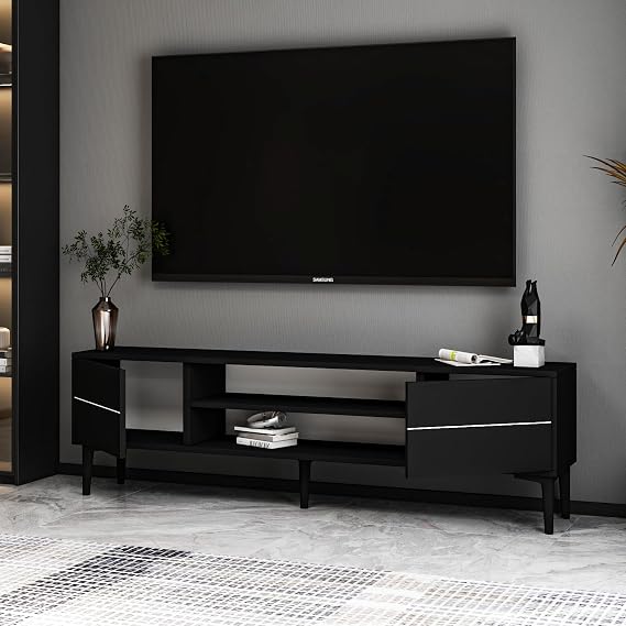 Aragon Modern TV Stand – 140 cm, TV Unit with 2 Covers + 2 Open Shelves, Black & White Color Options, Black