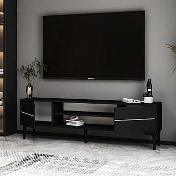 Aragon Modern TV Stand – 140 cm, TV Unit with 2 Covers + 2 Open Shelves, Black & White Color Options, Black