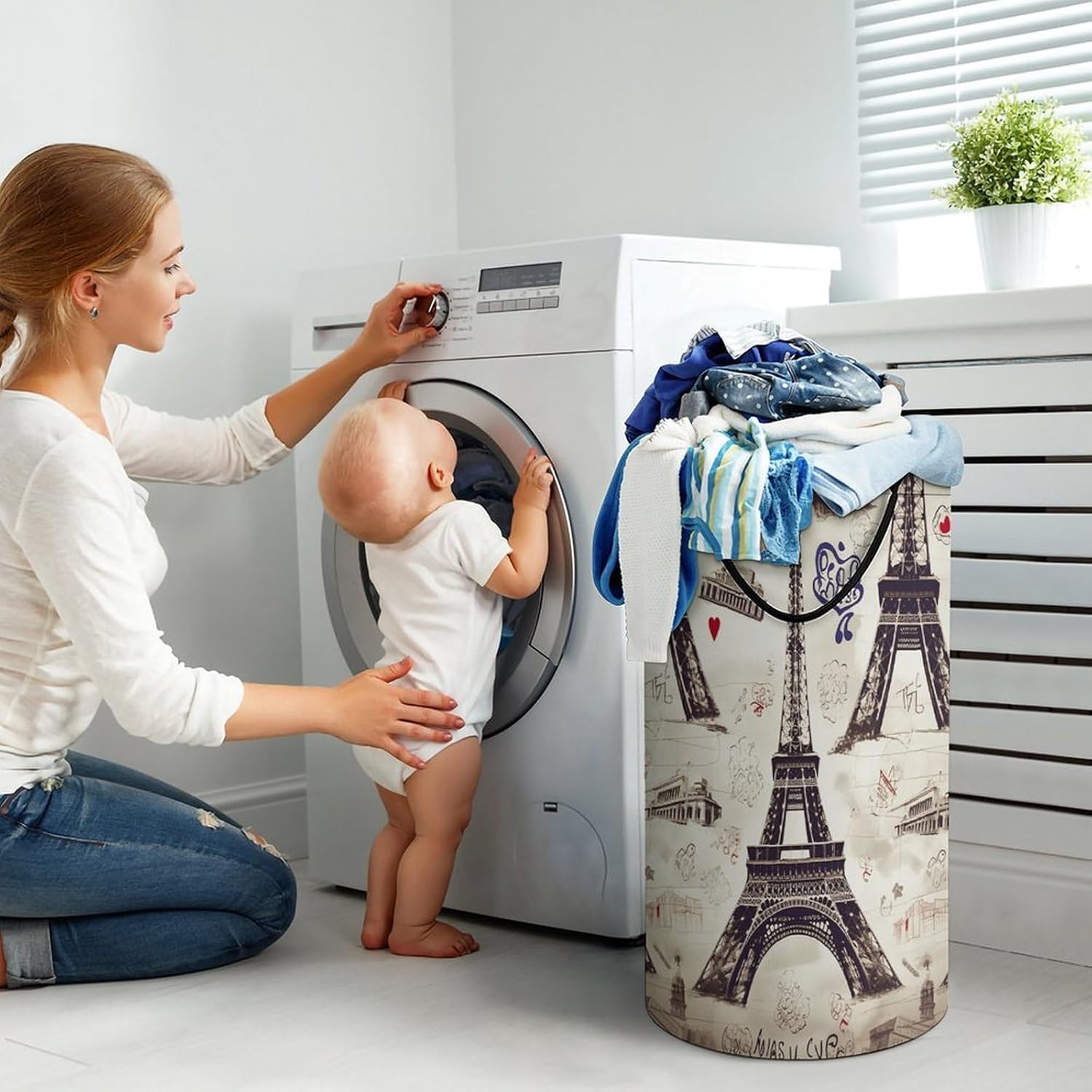 French Paris Tour Eiffel Tower Laundry Hamper with Handles Waterproof Collapsible Laundry Basket Large Lightweight Round Dirty Clothes Hamper for Home Dorm Bathroom Decor
