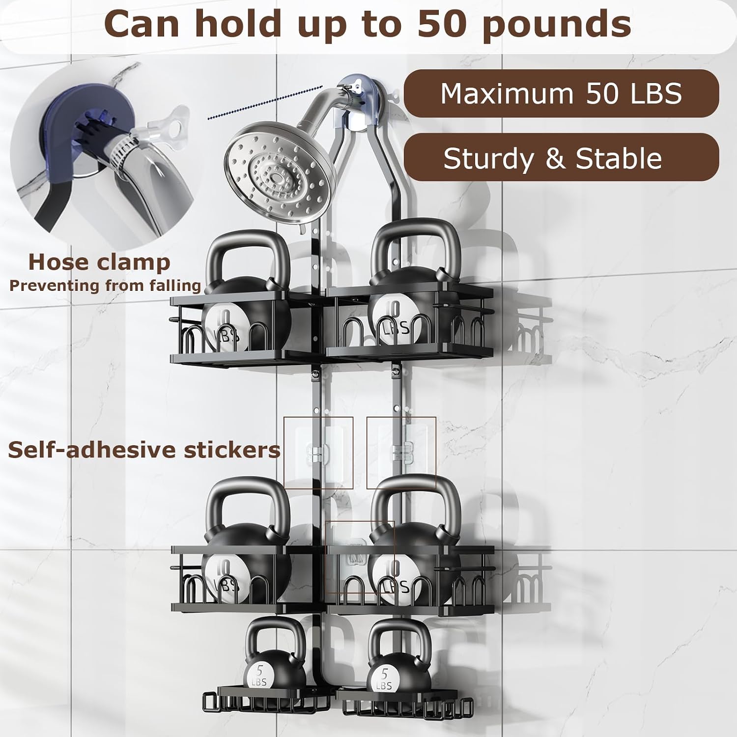 Adjustable Shower Caddy Hanging Rustproof Shower Caddy Shower Organizer for Over Handheld or Fixed Shower Heads with Hooks Soap Holder Toothbrush Holder