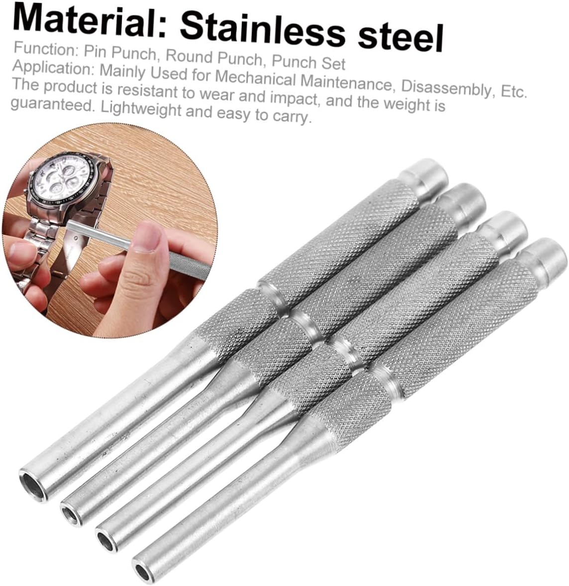 SEWACC 4 Pcs Pin Punch Set Hand Pin Remover Tool Kit for Watch Jewelry Assembly Heat-treated Stainless Steel Reverse Taper Tips for Easy Removal and Installation