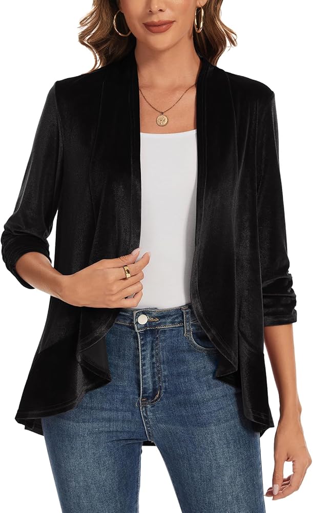 Kyzoeyou - Blazer da donna con tasche, a maniche lunghe, con apertura frontale, in velluto, per lavoro e ufficio, stile casual, orlo irregolare, S