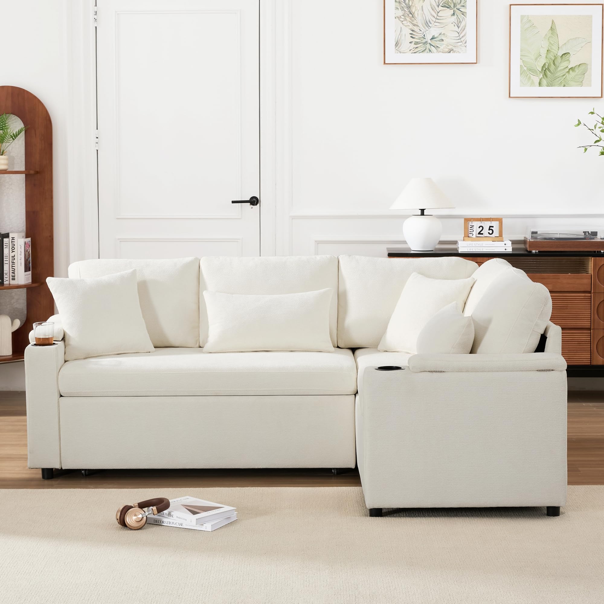 Bladez Divano letto a forma di L, divano ad angolo allungabile, velluto di ciniglia, chaise longue con vano portaoggetti, porta di ricarica, supporto per braccioli, per soggiorno (beige-A)