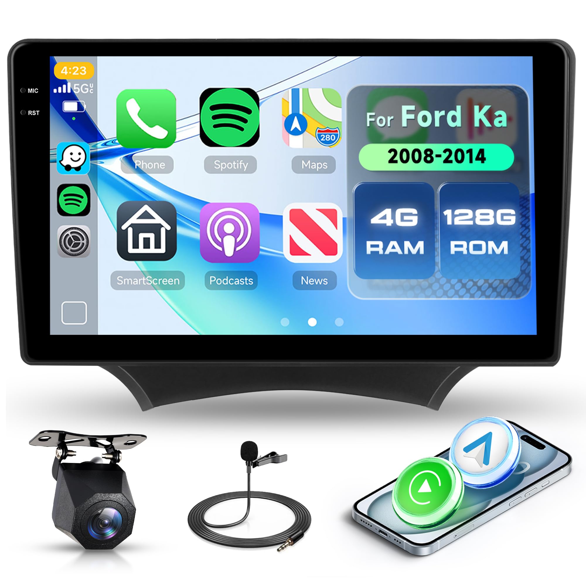 Rimoody 4G+128G Android Autoradio per Ford Ka 2008-2014 9" Schermo IN-CELL HD Touchscreen Radio Auto Carplay Android Auto Senza Fili FM/RDS/EQ WiFi Navi GPS Bluetooth Comandi al Volante Retrocamera