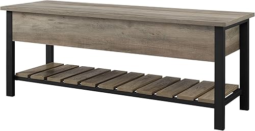 Miniatura 4 de Walker Edison Julian - Banco de entrada estilo casa de campo rústico con tapa abatible y estante inferior, 48 pulgadas, gris Gris,Barnwood,Marrón