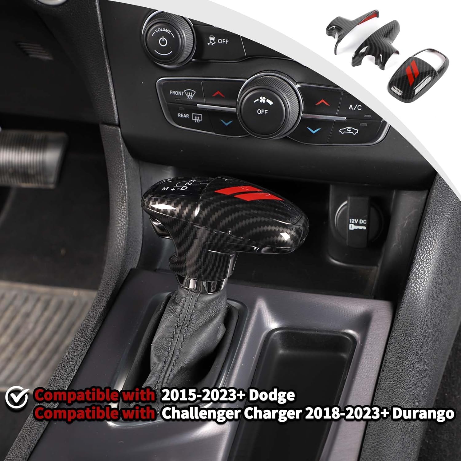 JWWY Gear Shift Shifter Knobs Gear Selector Gear Lever Gearstick Knob Cover Trim for 2015-2026+ Dodge Challenger Charger 2018-2026+ Durango Interior Accessories Red Carbon Fiber 3pcs
