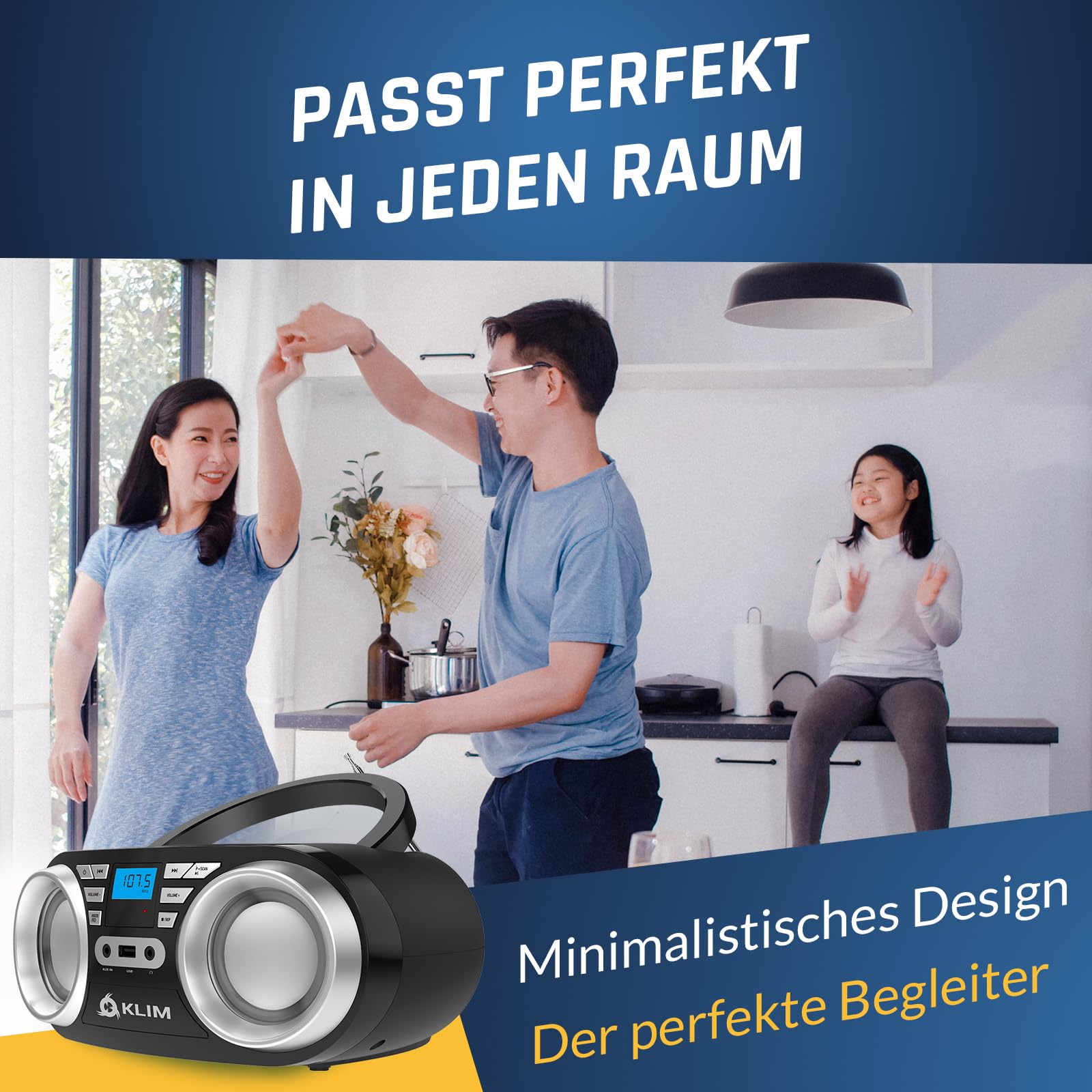 KLIM B3 Tragbarer CD Player Bluetooth Boombox mit FM-Radio, Bluetooth, USB und AUX - Hochwertige Dual-Lautsprecher, EQ-Soundeffekte, 20 Voreingestellte Sender, Kompakt und Leicht | CD Player Tragbar