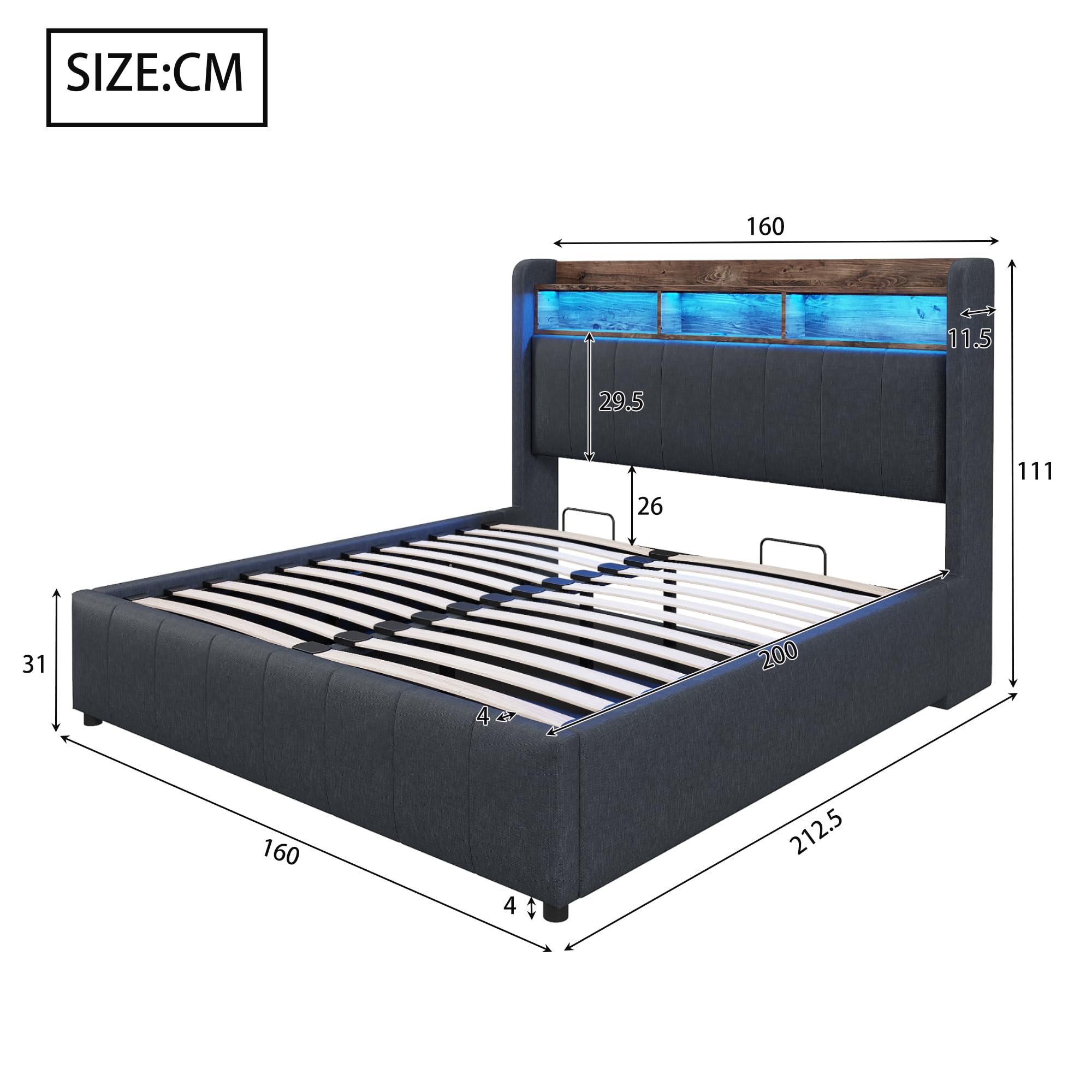 Ymkua Letto Imbottito Letto Matrimoniale 160x200 cm, Bed con LED Luce e USB-Port, Idraulica Struttura Bed frame con Contenitore Testata e Rete a Doghe in Legno, Lino, Grigio, Senza Materasso