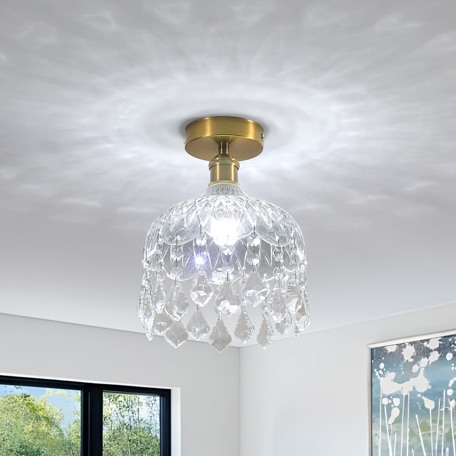 DELIPOP Lustre Plafonnier en Cristal, E14 Moderne Lampe de Plafond Design Cage, Doré Rétro Luminaire Plafonnier pour Chambre Salon Couloir Cuisine Salle à Manger