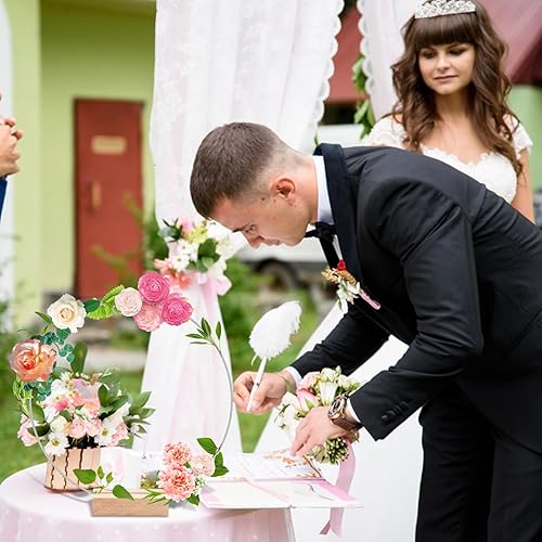 Miniatura 6 de 15 piezas de centro de mesa de aro floral de metal de 14 pulgadas con 15 soportes de madera para tarjetas y almohadillas ajustables para los pies,