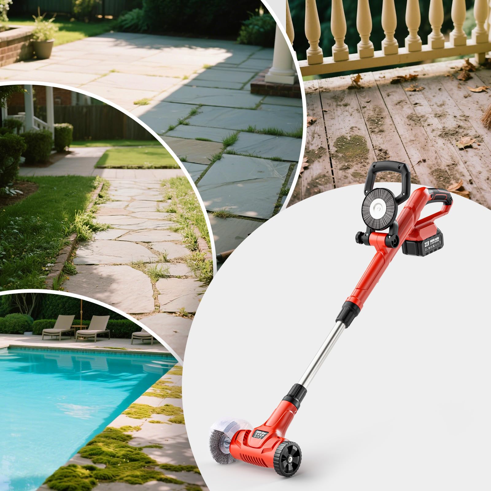 Akku Fugenreiniger 21V Unkrautbürste Elektrisch- Pflasterreiniger mit 2x 4.0Ah Akku, 120 Min. Laufzeit, Teleskopstiel 128cm für Terrasse & Gehweg, inkl. 3 Stahldraht- & 1 Nylonbürste, Fugenkratzer Set