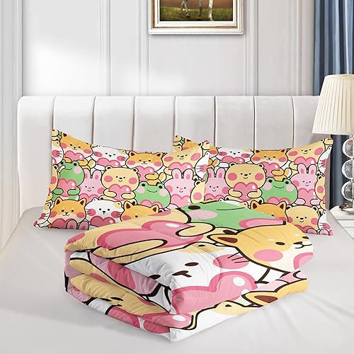 Miniatura 4 de BSNTHO Lindo juego de edredón de animales para niñas y niños, tamaño Queen, reversible, Kawaii, perro, gato, rana, conejo, oso, ropa de cama de