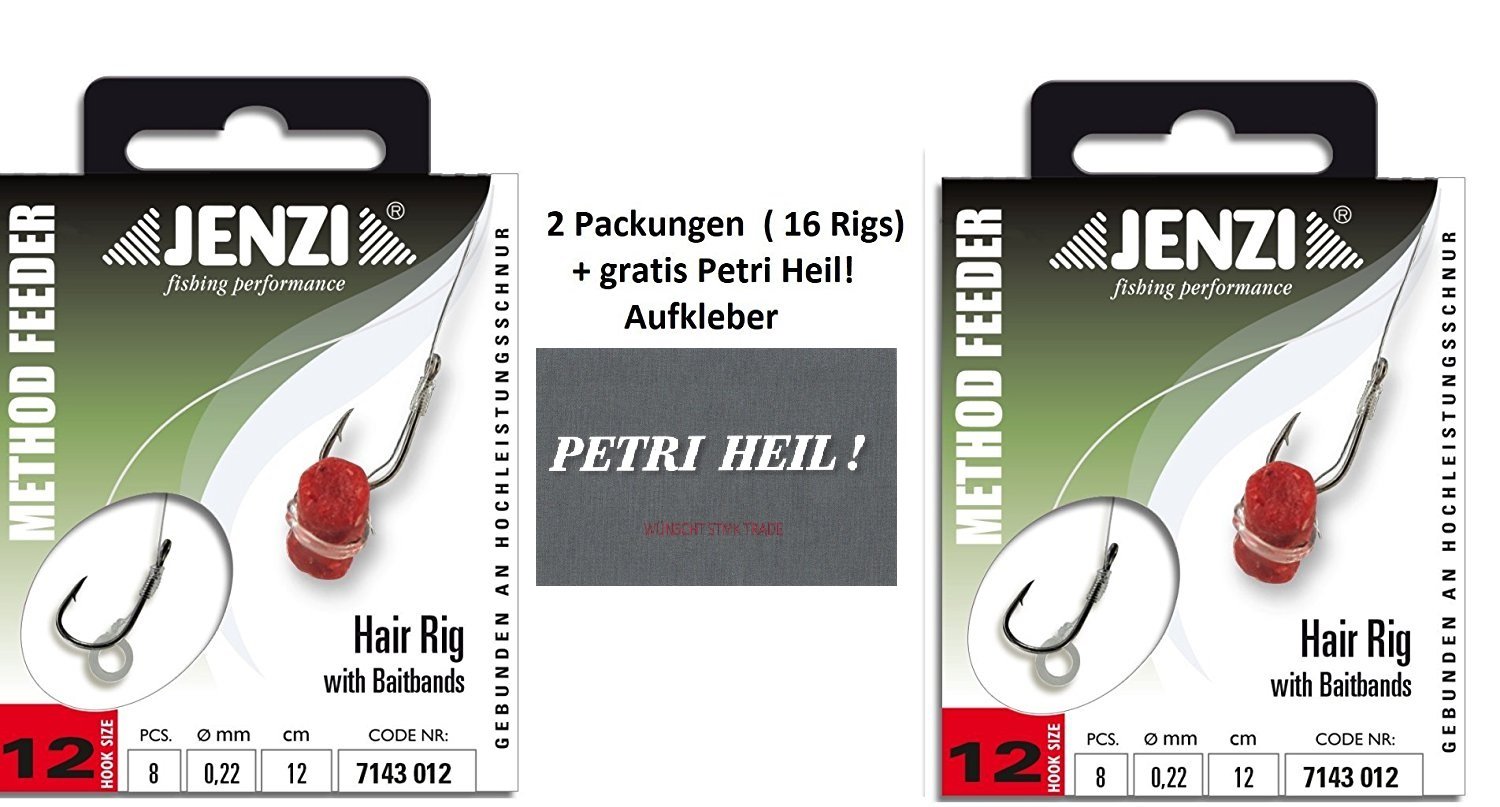 Zestaw: 2 opakowania (16 zestawów) Method Feeder Hair Rig od Jenzi z gumowym paskiem/Quick Stop, rozmiar haczyka 8, 10, 12 - długość 12 cm + bezpłatna naklejka Petri Heil! (Gumowy pasek, rozmiar