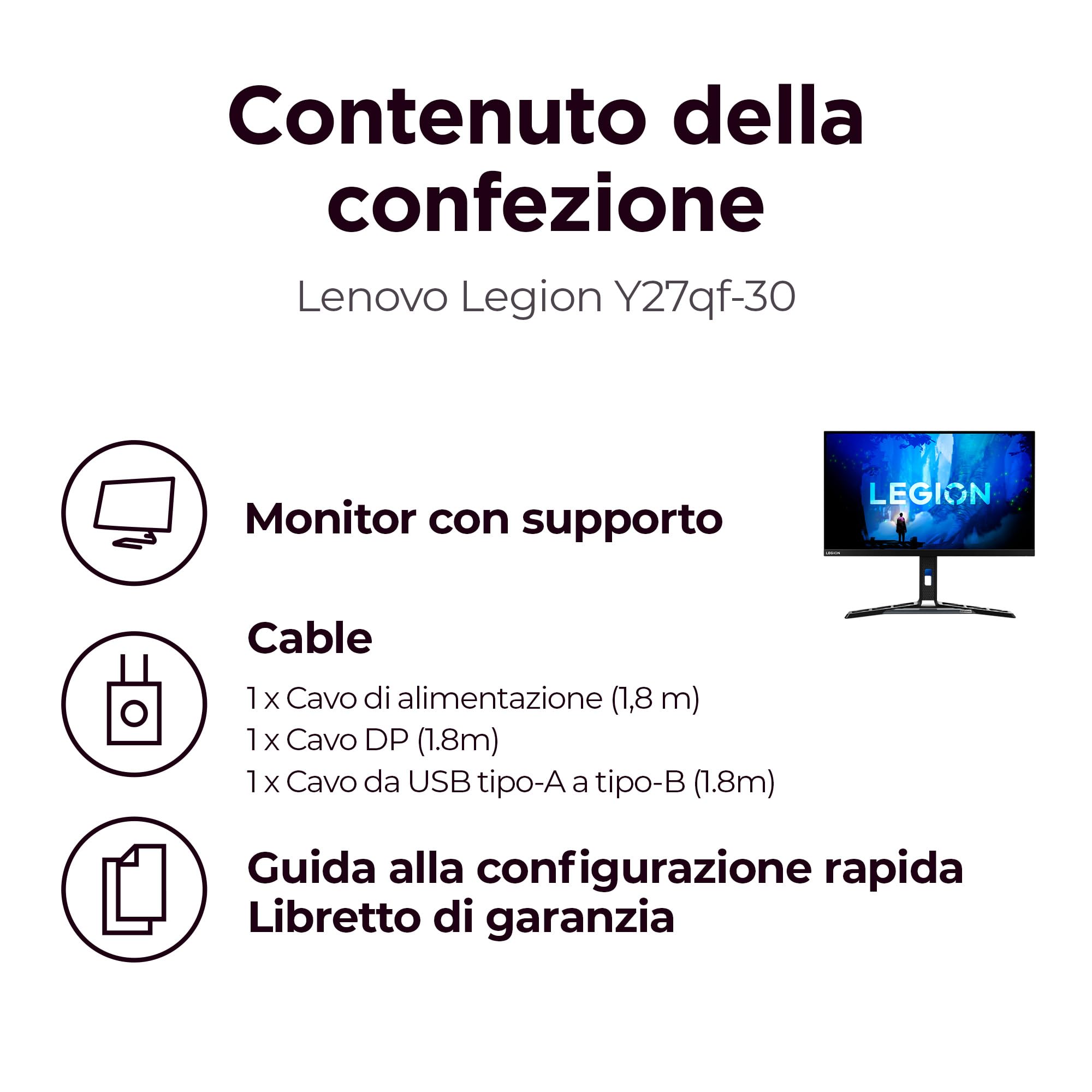 Lenovo Legion Y27qf-30 Monitor Gaming 27" QHD (2560x1440), IPS, 0.5ms, 240Hz (Overclock 250Hz), Altoparlanti, Regolabile, AMD FreeSync Premium, HDMI 2.1 + DP