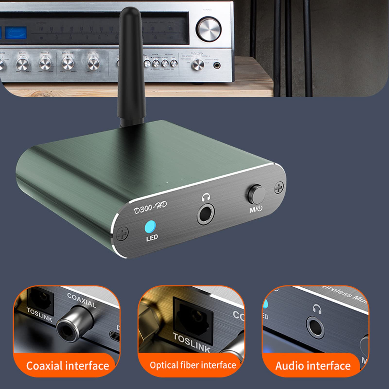 Receptor Bluetooth 5.2, Adaptador de Audio Bluetooth HiFi con Baja Latencia APTX, Receptor de Audio Bluetooth de Largo Alcance con Salida Coaxial óptica AUX para Altavoces
