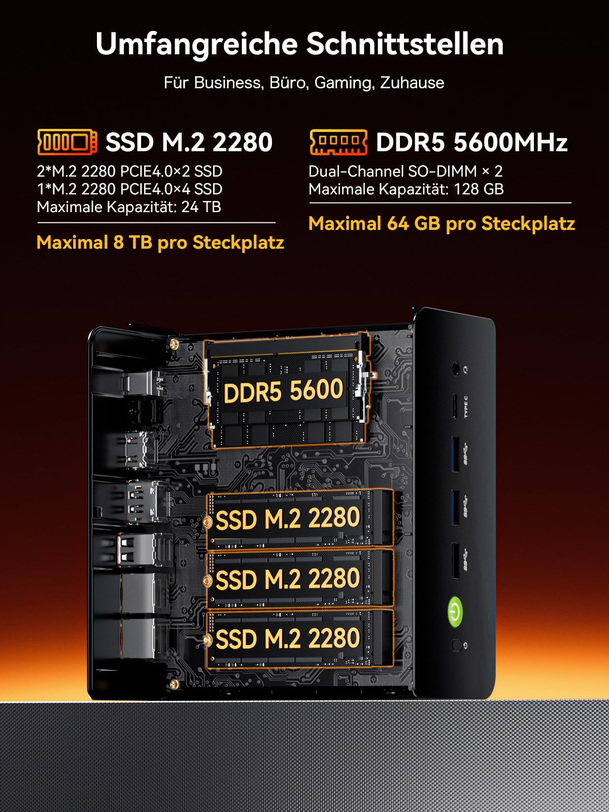 Mini Gaming PC AMD Ryzen 7 H 255 (Upgrade 8745HS, 4.9 GHz), Mini PC barebone (NO DDR, NO SSD) Suppoprt DDR5, PCIE 4.0x4, Micro-PC mit USB4.0|2.5G LAN|Quad 4K Display|Oculink–für Gaming und Business