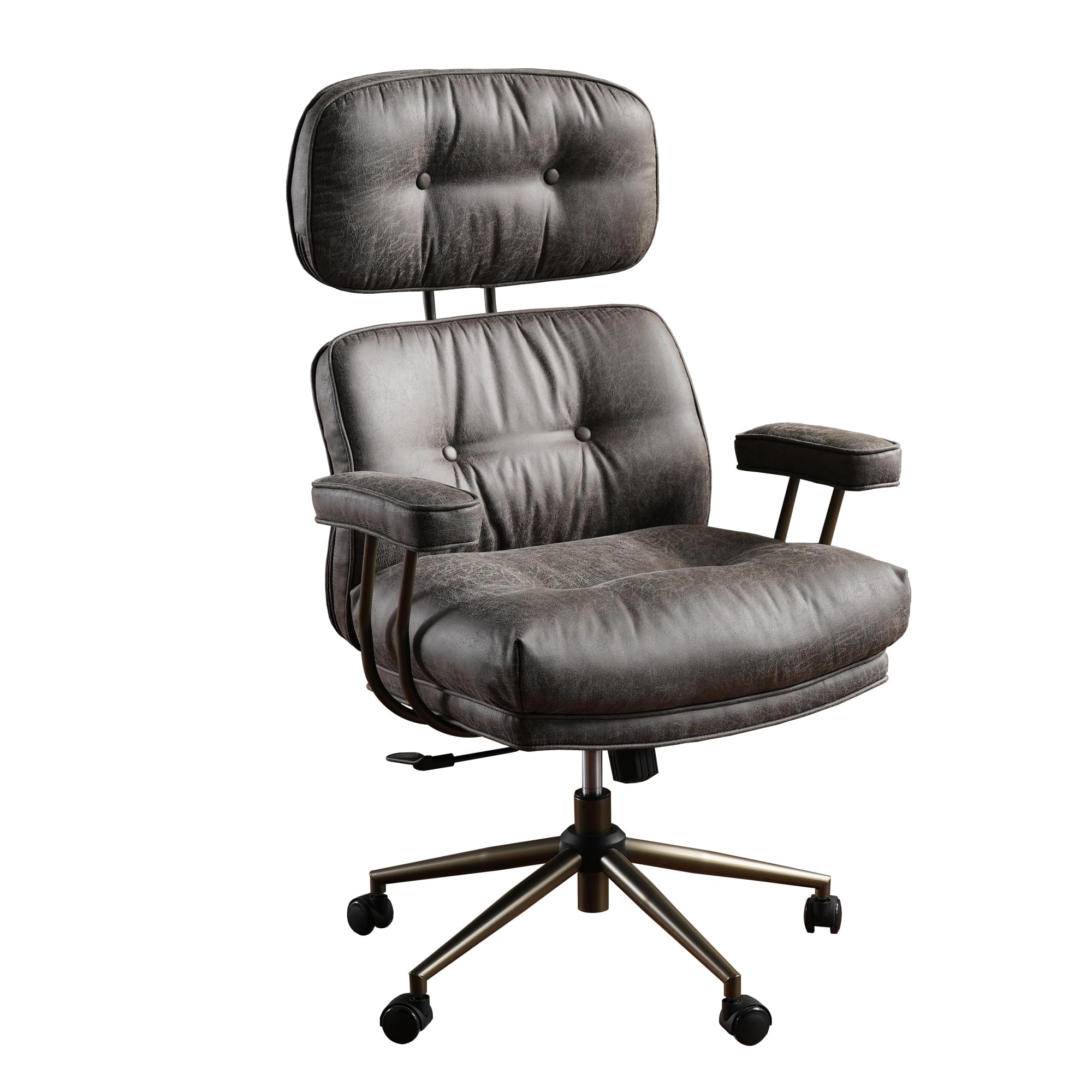 ovios Ergonomic Home Office Chair, Mid-Century Modern Leather Chair with Lumbar Support, High Back Swivel Rolling Executive Chair with Comfy Thick Cushion (Dark Gray)