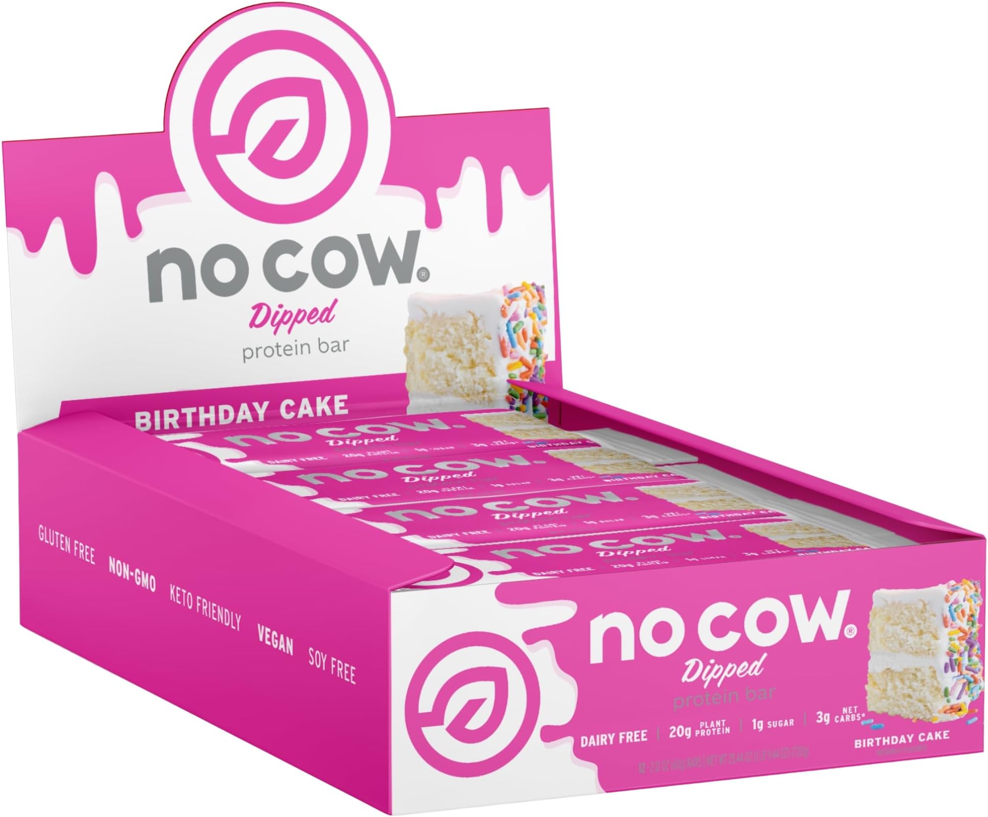 No Cow Protein Bars, Birthday Cake, 20g-21g Plant Based Vegan Protein, Keto Friendly, Low Sugar, Low Carb, Low Calorie, Gluten Free, Naturally Sweetened, Dairy Free, Non GMO, Kosher, 12 Pack
