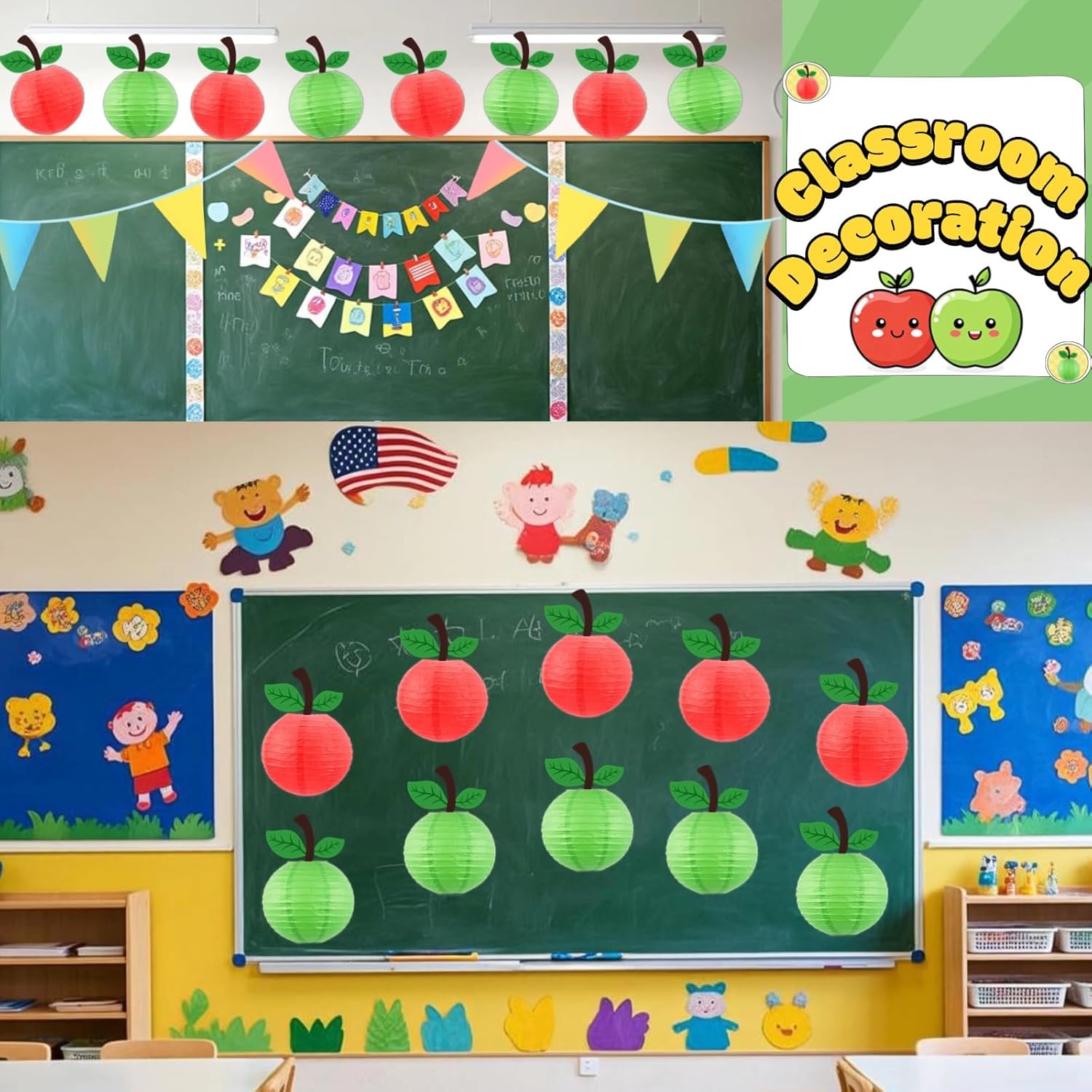 Chinese Cartoon Apple Paper Lanterns - Cute Fruit Hanging Decor for Birthday, Back to School, Classroom, Party, Festival and Home Decoration (10-Pack, 10 Inch, Red/Green)