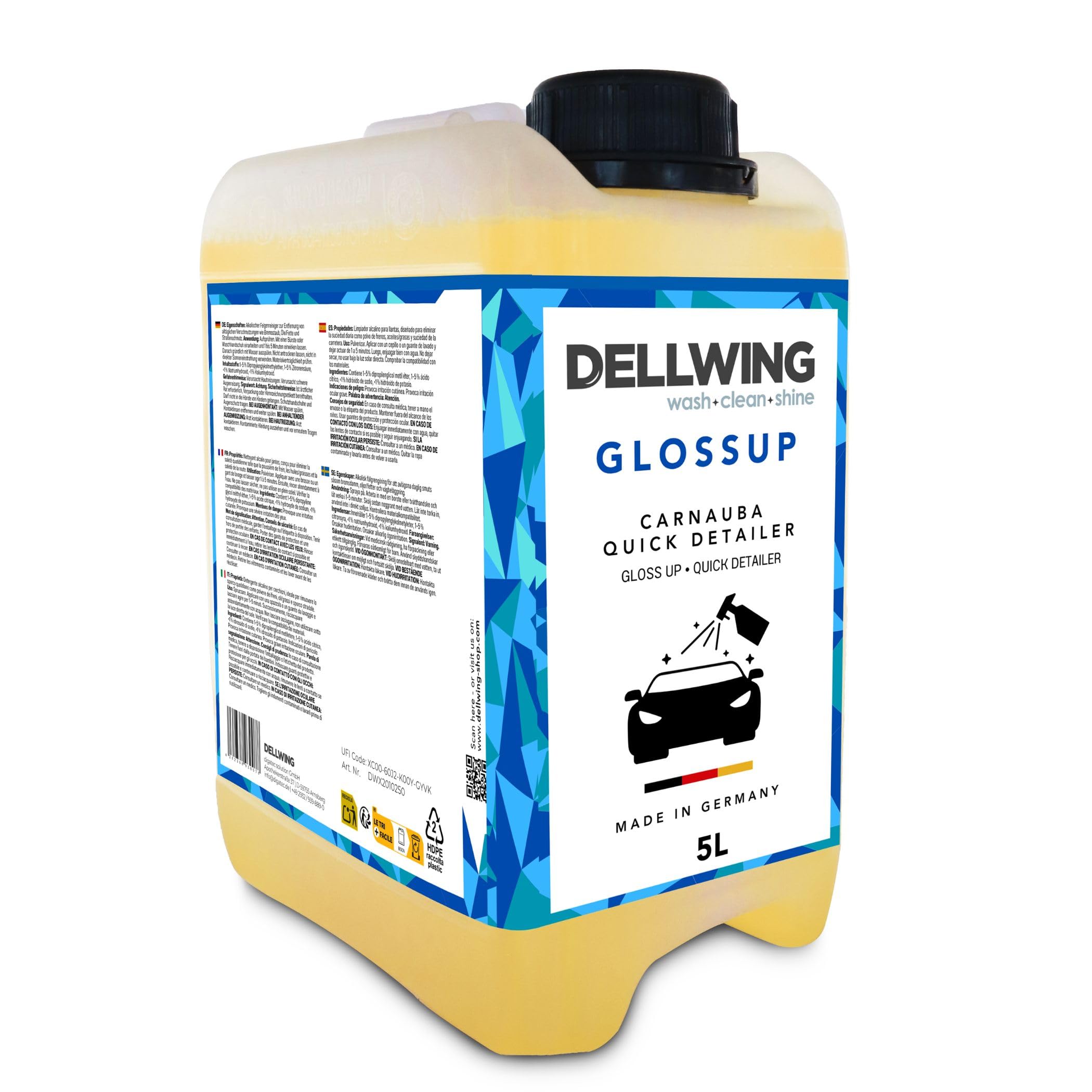 Dellwing GlossUp Quick Detailer 5 l, Lack Schnellreiniger mit Abperleffekt, Lackversiegelung für Schutz und Glanz, Autoreinigung Made in Germany | Lack Schnellreiniger mit Abperleffekt, Lackversiegelung auf Carnaubabasis für Schutz und Glanz, Made in Germ