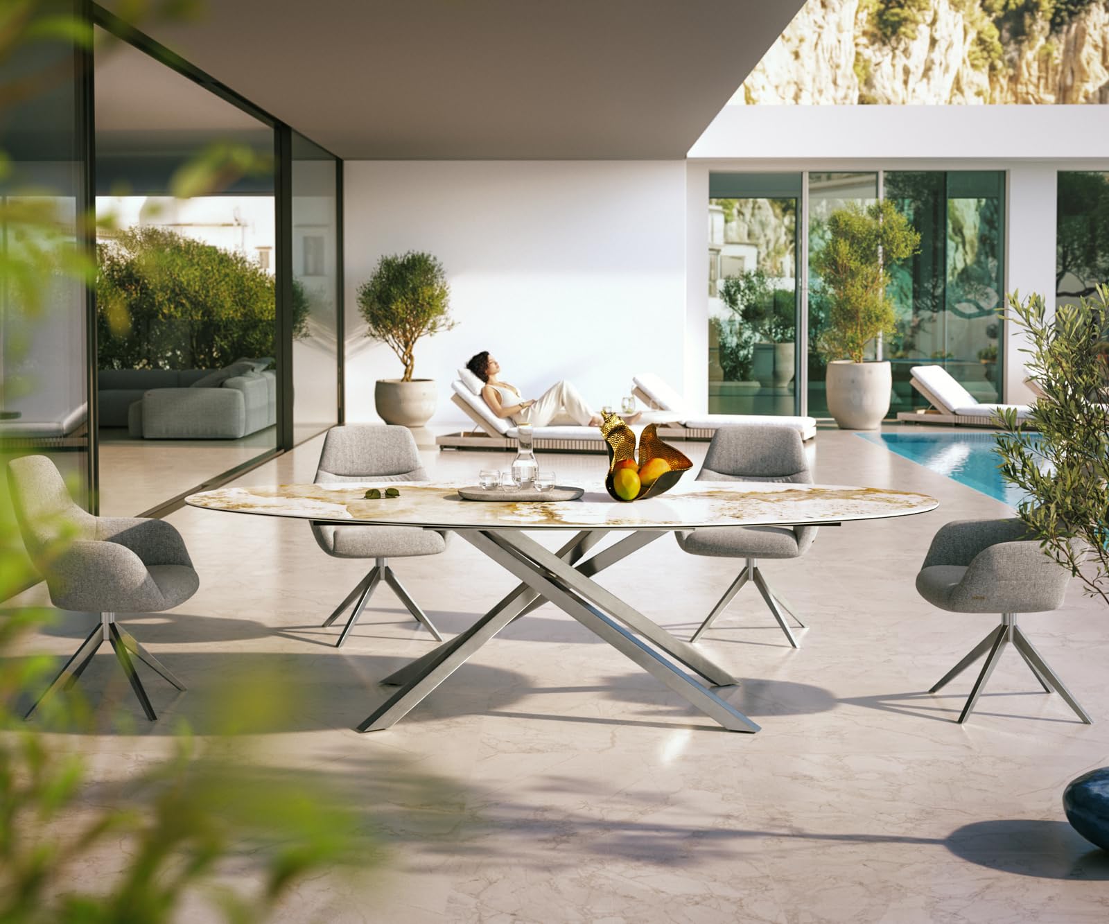 Table d’extérieur Edge Ovale 280x130 cm céramique Minas Melange blanc-beige