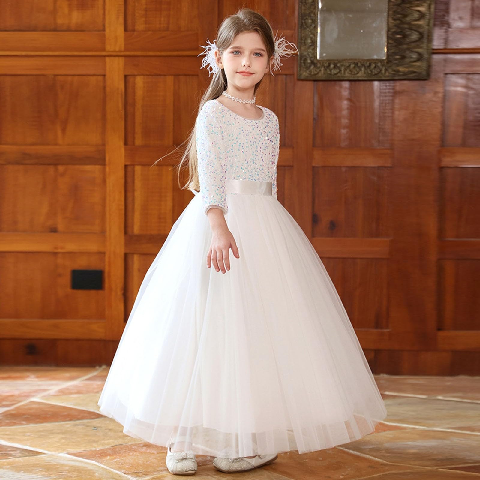 Vestido de Lentejuelas de Manga Larga para niñas con Capa superpuesta, Ideal para Fiestas y Eventos Especiales, diseño Elegante y Brillante, Tallas 7-12 años