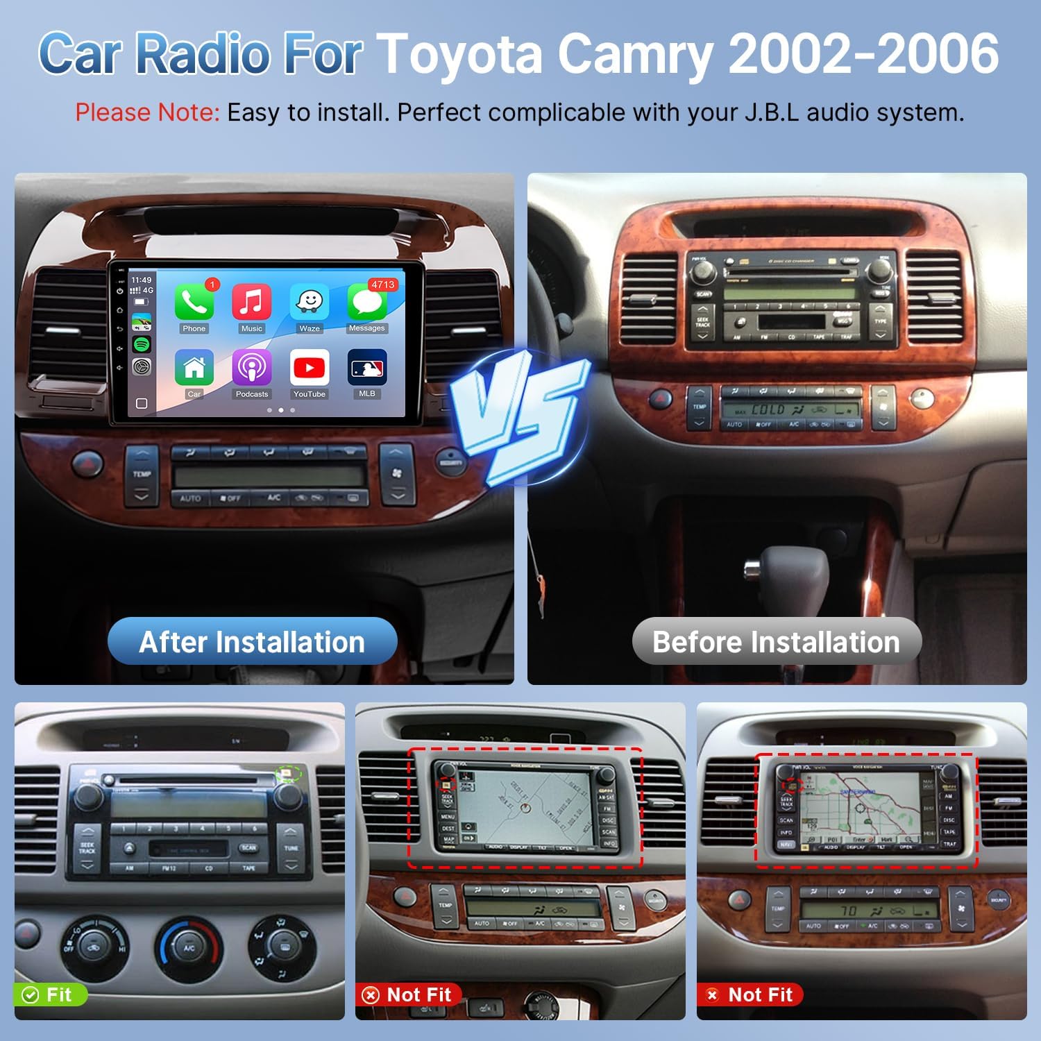 Leadfan Car Stereo Radio for (JBL Version) Toyota Camry 2002 2003 2004 2005 2006 Head Unit, Support Wireless Carplay/Android Auto/Bluetooth/GPS/Backup Camera/SWC (Fit for JBL, Peach Wood)