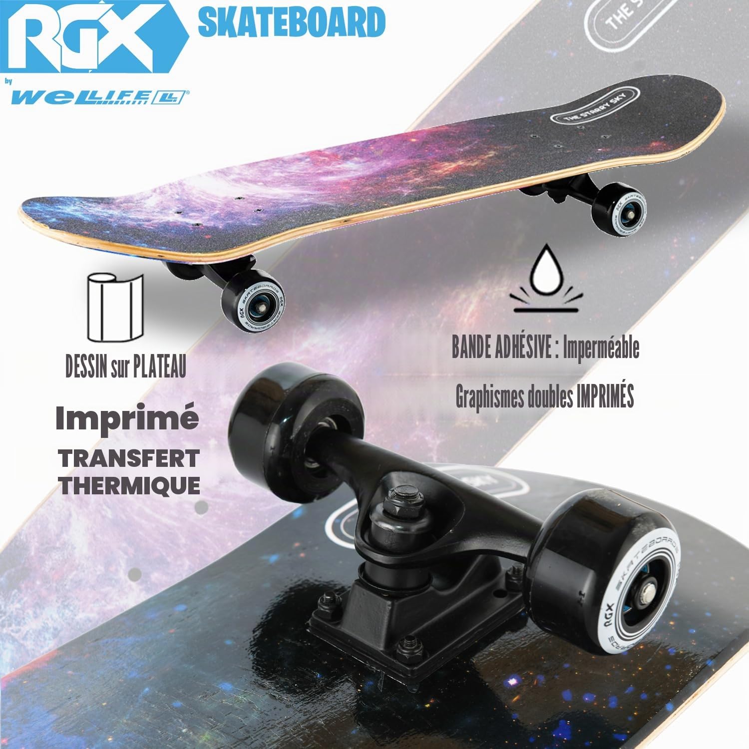 WeLLIFE - Skateboard RGX 79 x 20 cm en 9 couches d'érable, design concave de roue PU 54 x 36 mm, super lisse pour enfants, jeunes adultes, roulement ABEC-7RS