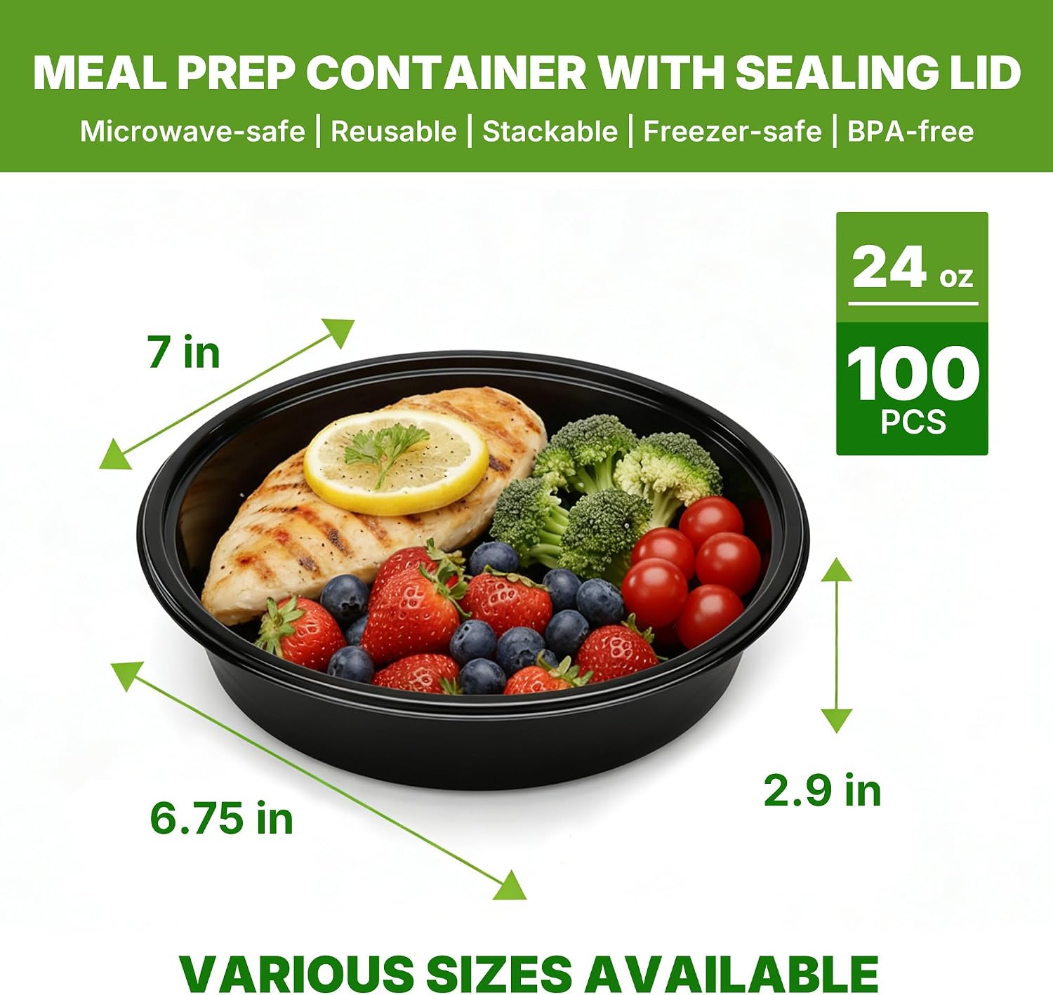 50 Pack (100-Piece), Round 24oz Meal Prep Containers Reusable with Lids, Sturdy Leakproof & Food Safe, Microwave, Freezer, Dishwasher Safe Prep Containers, To Go Take Out Plastic Food Storage 60829 image 3